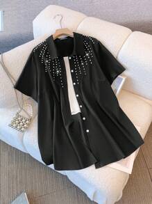 SHEIN LUNE Plus Size Women Solid Color Handmade Rhinestone Short Sleeve Open Front Casual Elegant Party Shirt - Black - View 1