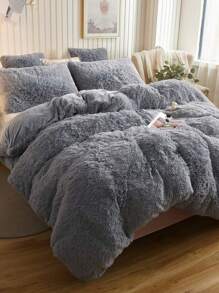 三件套蓬松仿毛皮床上用品套装，奢华柔软纯色毛绒被套套装，适合女孩和女士卧室，被套带拉链封口（1件仿毛皮被套+2件仿毛皮枕套，不含枕芯），尺寸可选：特大号、大号、标准大号、单人床