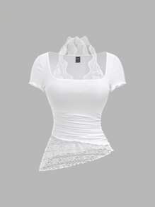 SHEIN MOD Women's Knit Patchwork Lace Asymmetrical Hem Ruffle Trim Halter Tie Waist T-Shirt - White - View 1
