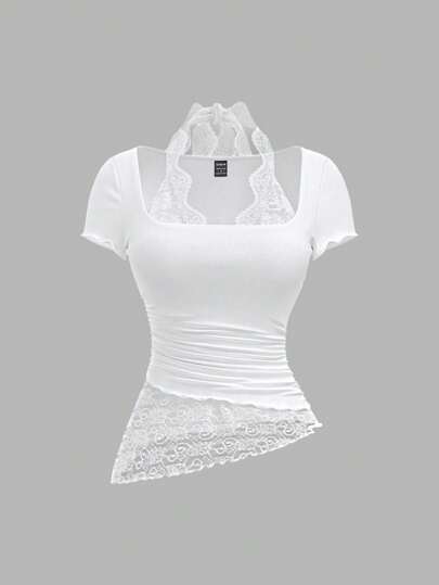 SHEIN MOD Áo thun nữ cổ bẻ ren chắp vá viền bất đối xứng viền xếp nếp buộc eo