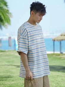 DAZY 男士条纹T恤和工装短裤两件套，夏季度假 - 彩色 - 查看 8