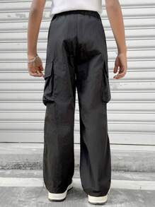 1pc Tween Boys Casual Black Pants, Teenage Boys' Loose Fit Utility Trousers