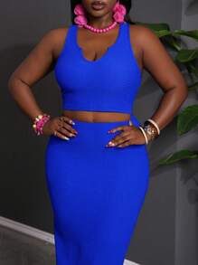 Slaydiva 2025 New Arrival Simple & Sexy Solid Color Cropped Tank Top & Fitted Maxi Skirt Matching Set, Casual All-Match Resort Wear Suitable For Spring/Summer, Size M - Blue - View 8
