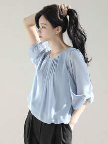 DAZY Women's Round Neck Bowknot Loose Short Sleeve Blouse - Grey - View 4