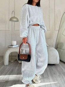 INAWLY Women Floral Gray Solid Color Crew Neck Long Sleeve Cropped Sweatshirt & Elastic Waist Pocketed Jogger Pants 2 Pieces Set