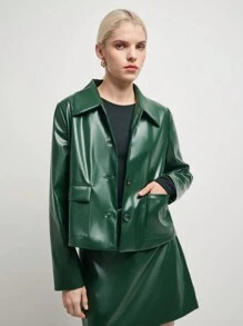 BizChic 2pcs Green Leather Jacket And Skirt Suit Set, For Christmas Date/Party - Green - View 7