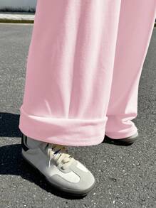 SHEIN EZwear Women's Casual Heart Cartoon Bear Printed Drawstring Waist Long Pants Valentine's Day - Pink - View 6