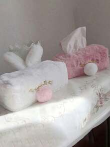 1pc Cute And Soft Pink Rabbit Plush Tissue Box Cover, Decorative Napkin Storage Container For Home, Car, R Work Desk Accessories Office Decor, Living Room, Cartoon Facial Tissue Holder With Ears(Available In Rectangular And Square Sizes) - Multicolor - View 9