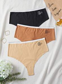 3pcs/Pack Plus Size Simple Contrast Color Waistband Letter Print Seamless Briefs - Multicolor - View 1