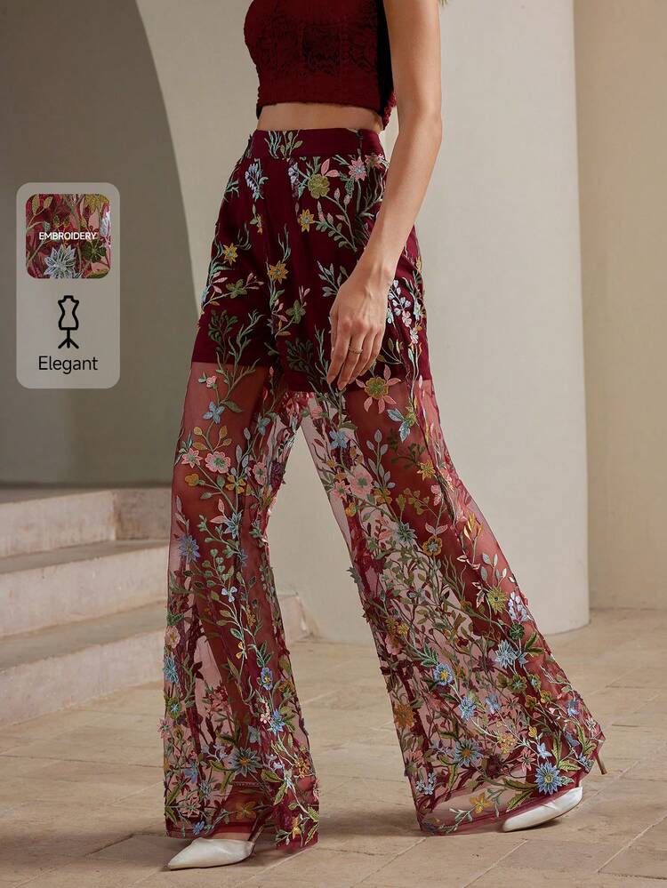 Women's Elegant Semi-Sheer Floral Embroidered Wide-Leg Pants