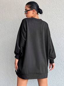 Cloudara 100%Cotton Solid Drop Shoulder Sweatshirt Dress - Dark Grey - View 2