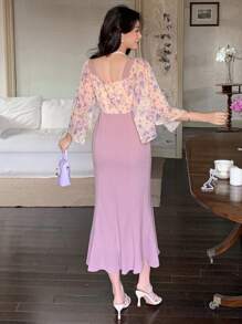 DAZY Middle & Long Ruched Square Collar Fish Tail Hem Patchwork Dress For Women, Suitable For Dates And Nights Out,Fall Dress Long Sleeve Dress Floral - Purple - View 2