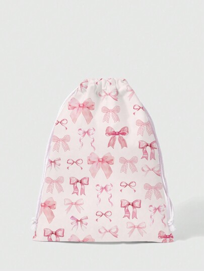 Kawaii Borsa con coulisse grande capacità, a motivi di cartone animato con fiocco rosa, borsa cosmetica, borsa portaoggetti 1203407