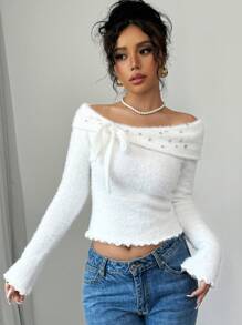 Elenzga Franse stijl off shoulder gebreide trui voor vrouwen, mode strass strik decor korte zachte pullover top
