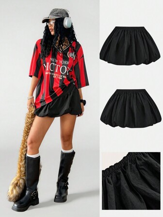 Coolane Summer Casual Solid Color Windbreaker Fabric Low Waist Mini Bubble Skirt,Back To School Clothes