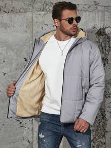 Manfinity Homme Men's Plus Size Casual Solid Color Thermal Lined Hooded Winter Jacket - Light Grey - View 5