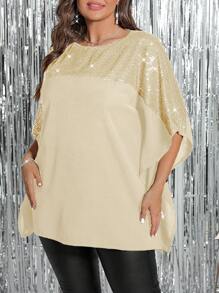 SHEIN Clasi قميص أسود مطرز بالترتر وأكمام خفافيش مناسب للمرأة البدينة، طراز أنيق مناسب لحفلات والكريسماس وهالوين - لون مشمشي - مشاهدة 1