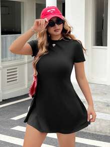 Muchica Plus Size Black Short Sleeve Round Neck A-Line Short Dress, Spring/Summer - Black - View 3