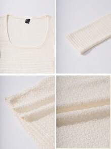 Chiquease Casual Commuter Square Neck Texture Stof Slim Fit Lange Mouw T-shirt Top, Veelzijdig & Flatterend
