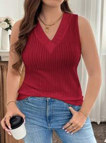 SHEIN LUNE Plus Size V-Neck Casual Soft Tank Top - Burgundy - View 6
