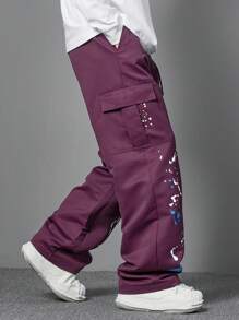 PAVTROS Pantalones casuales anchos de cintura con cordón, con bolsillos de utilidad y estampado de salpicaduras para hombres