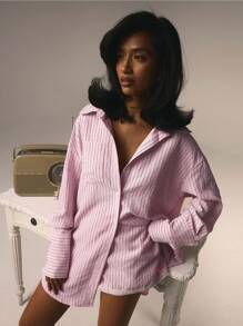 Athîral 2pcs Women Pink Stripe Casual Front Button Long Sleeve Oversize Shirt And Shorts Lace Tape Set
