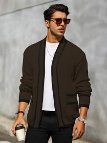 Manfinity Homme Chaqueta de punto con manga larga de color liso y parches para hombre, ropa casual minimalista
