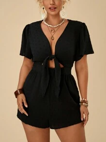 Travachic Talla grande mono de jacquard con cintura delantera hueca y lazo - Negro - Ver 3
