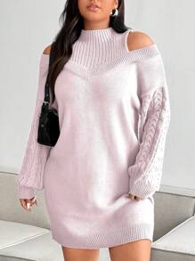 Flirla Popular Plus Size Women Batwing Sleeve Cozy Soft Gray Knit Turtleneck Asymmetric Sweater Dress, Sexy Details For Winter