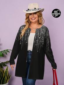 SHEIN LUNE Chaqueta delgada de mujer de talla grande con estampado de líneas brillantes
