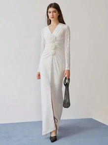 MOTF STUDIO VESTIDO CON ABERTURA LATERAL EN EL MUSLO, FRUNCIDO Y CON ESTAMPADO FLORAL ESTÉREO DE ENCAJE - Blanco - Ver 7