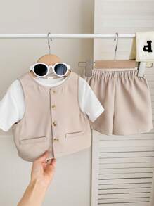 SHEIN Bộ 3 áo thun cổ tròn tay ngắn màu mơ cho bé trai/bé gái, áo ba lỗ không tay và quần short cạp chun, phong cách Hàn Quốc thường ngày, thích hợp cho tiệc sinh nhật, lễ rửa tội, lễ kỷ niệm sinh nhật lần thứ 1, tiệc tối, biểu diễn, đám cưới và các dịp khác - Màu Khaki - Xem 6