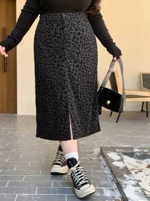 Dazy Plus Jupe droite mi-longue imprimé léopard grande taille avec taille élastique et fente latérale, toutes saisons, vêtements d'automne