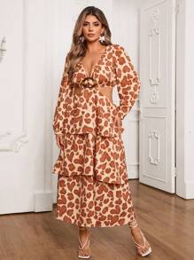 SHEIN VCAY Vestido con top acampanado de manga larga con escote en V con estampado de corazones de animales y estampado de leopardo, falda de volantes, adecuado para vacaciones, playa, fiesta, San Valentín, Año Nuevo, citas románticas, estilo bohemio occidental, talla grande - Multicolor - Ver 5
