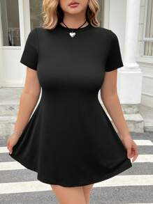 Muchica Plus Size Black Short Sleeve Round Neck A-Line Short Dress, Spring/Summer - Black - View 1