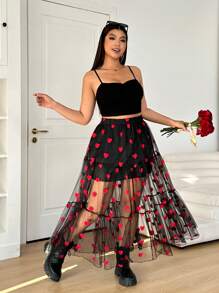 SHEIN EZwear Váy chữ A cỡ lớn ngày lễ tình nhân thêu hình trái tim - màu đen - Xem 3