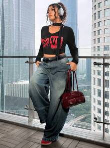 SHEIN EZwear تي شيرت كاجوال بطبعة شريط كبير الحجم، مناسب للربيع وعيد الحب - الأسود - مشاهدة 6