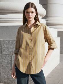 BizChic Camisa de manga larga a rayas color caqui para mujer, ropa elegante de oficina para otoño/invierno, Año Nuevo, citas - Café integral - Ver 6