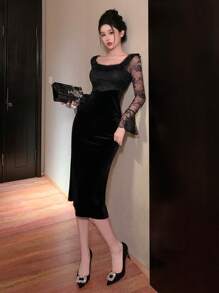 DAZY Square Neck Lace Patchwork Mid-Length Dress For Women Prom Dress,Ruffle