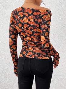 INAWLY Camiseta elegante de mujer con cuello asimétrico, estampado floral y volantes, ajustada - Multicolor - Ver 2