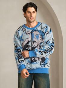 Manfinity EMRG Plus Size Men's Round Neck Long Sleeve Graphic Detail Casual Pullover Sweater
