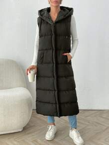 EURMUSE Autumn/Winter Casual Sleeveless Long Hooded Padded Coat - Army Green - View 6