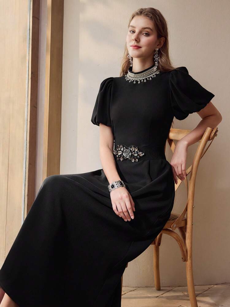 WOMEN'S RHINESTONE CHAIN PUFF SLEEVE PARTY DRESSMotf