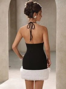 Aveloria Rosie Elegant Party Wear V-Neck Sleeveless Contrast Color Lace Patchwork Ruffle Hem Knitted Bodycon Black And White Dress For Valentine's Day, Spring