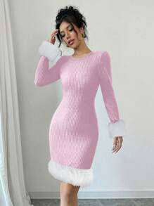 SHEIN Unity 女士蓬松拼接圆领长袖迷你连衣裙，修身，秋冬 - 粉色 - 查看 6
