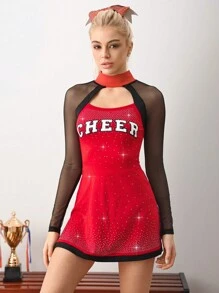 Cheerettes Completo sportivo da donna con maniche lunghe, decorato con lettera, strass e in rete, modello semi-trasparente