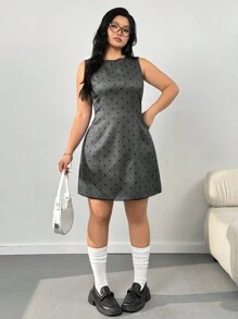 SHEIN EZwear Plus Size Grey Retro Polka Dot Waist Cinched Dress, Spring,Valentine's Day - Grey - View 5