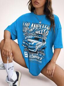 Coolane 字母和車圖案落肩T恤 - 藍色 - 查看 1
