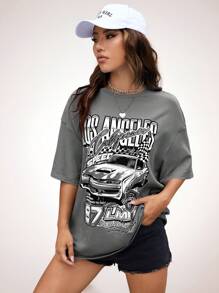 Coolane Loose-Fitting Drop-Shoulder T-Shirt With Lettering And Car Print - Dark Grey - View 5