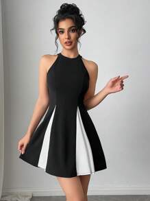 Firerie Vestido mini elegante y de estilo universitario nuevo con bajo plisado y panel de contraste sin mangas, para usar de diferentes formas en primavera y verano - Negro - Ver 6